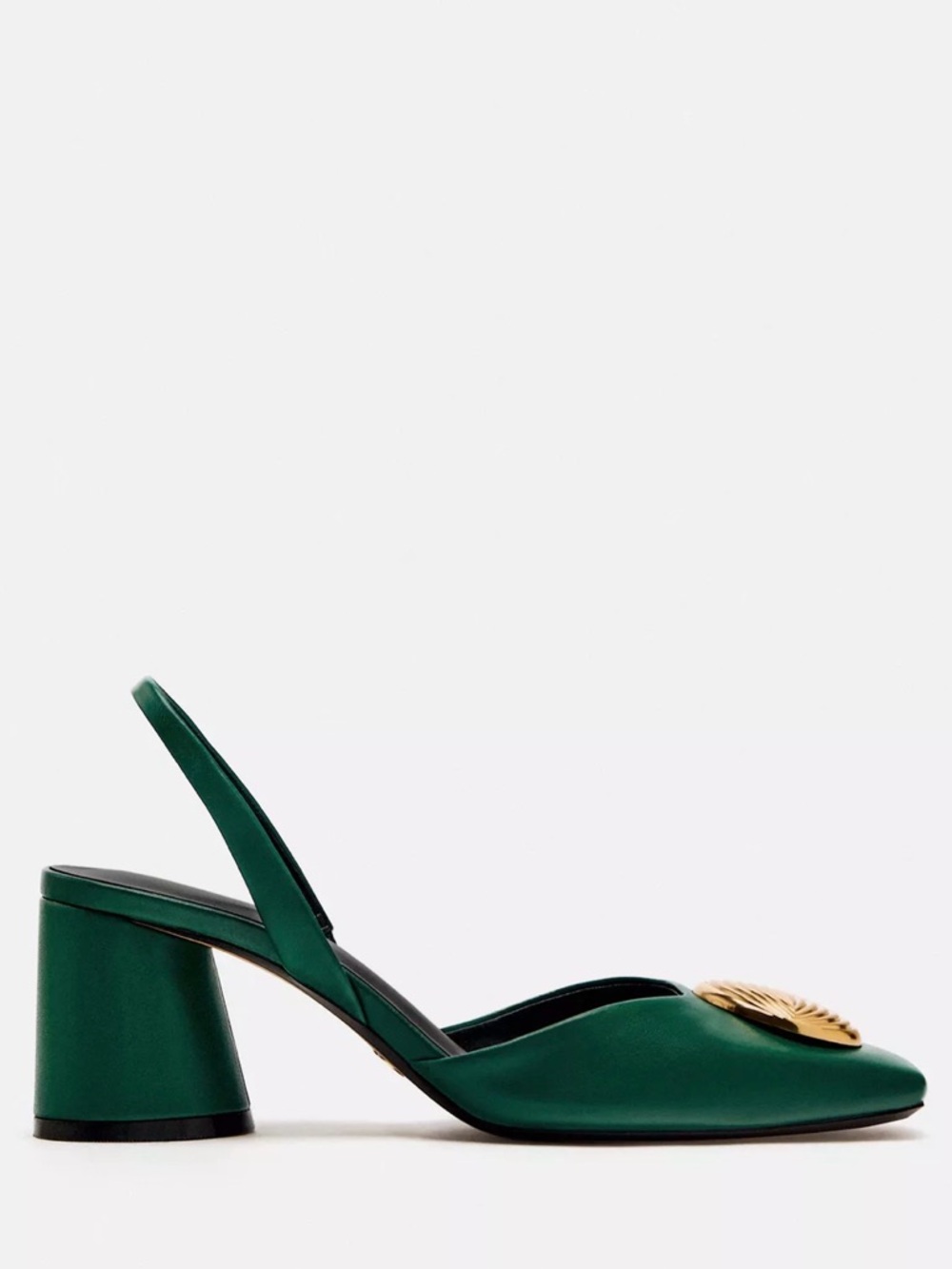 ZARA Green Leather Slingback Mules with Gold Medallion - Picture 3 of 3